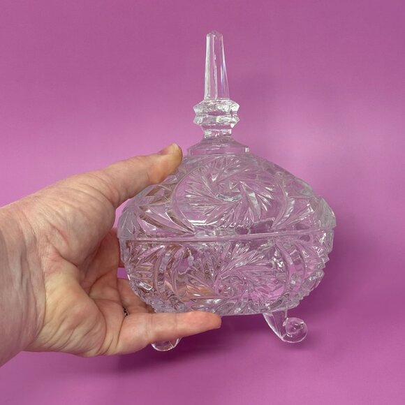 Vintage Pedestal Heavy Thick Crystal Glass Candy Dish w/ Lid Tall Spire Handle, - Picture 7 of 7